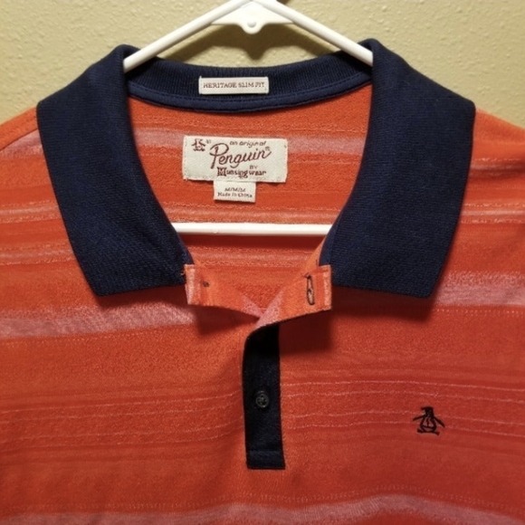 NWOT Men's Original Penguin Orange and Blue Striped Polo - M - Picture 2 of 3